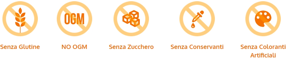 icone senza glutine, no ogm, senza zucchero, senza conservanti e senza coloranti artificiali 